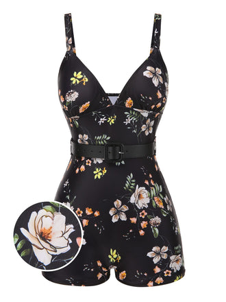 Black 1940s Floral Boxer Straps Swimsuit