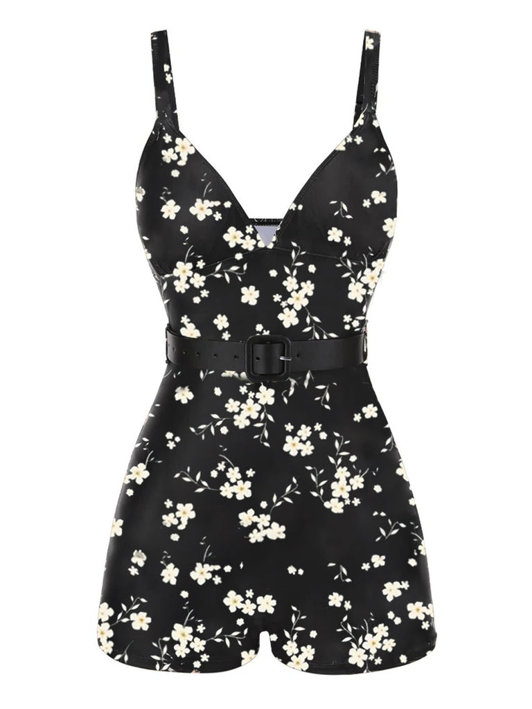 [Pre-Sale] Black 1940s Floral Boxer Straps Swimsuit
