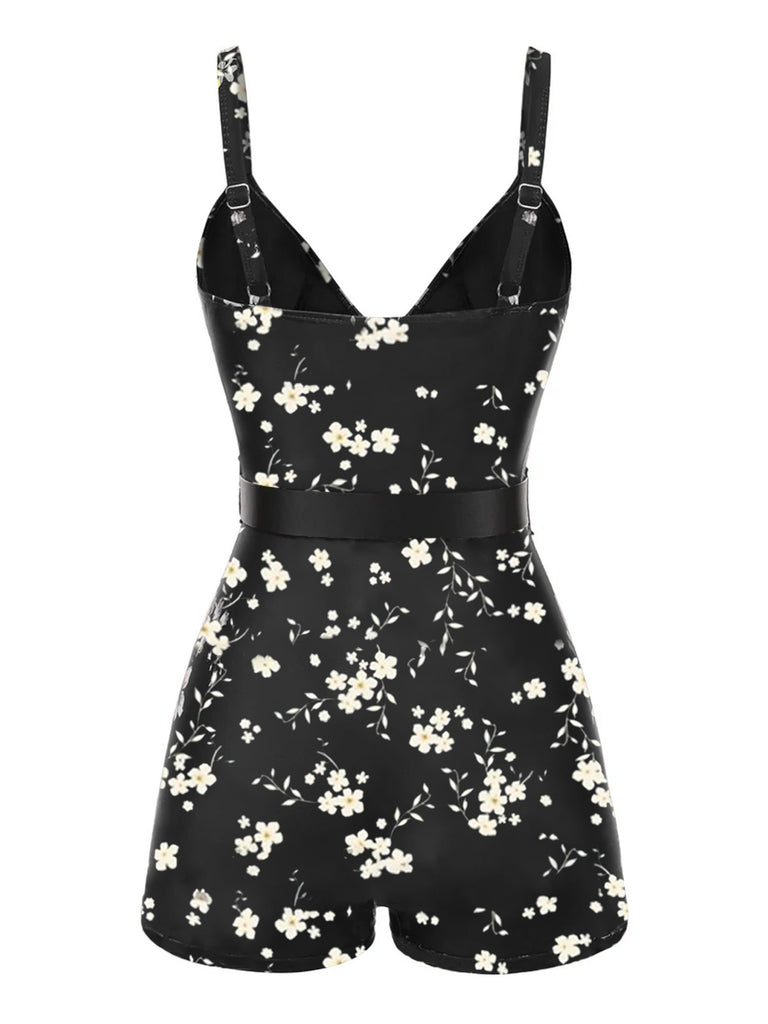 [Pre-Sale] Black 1940s Floral Boxer Straps Swimsuit