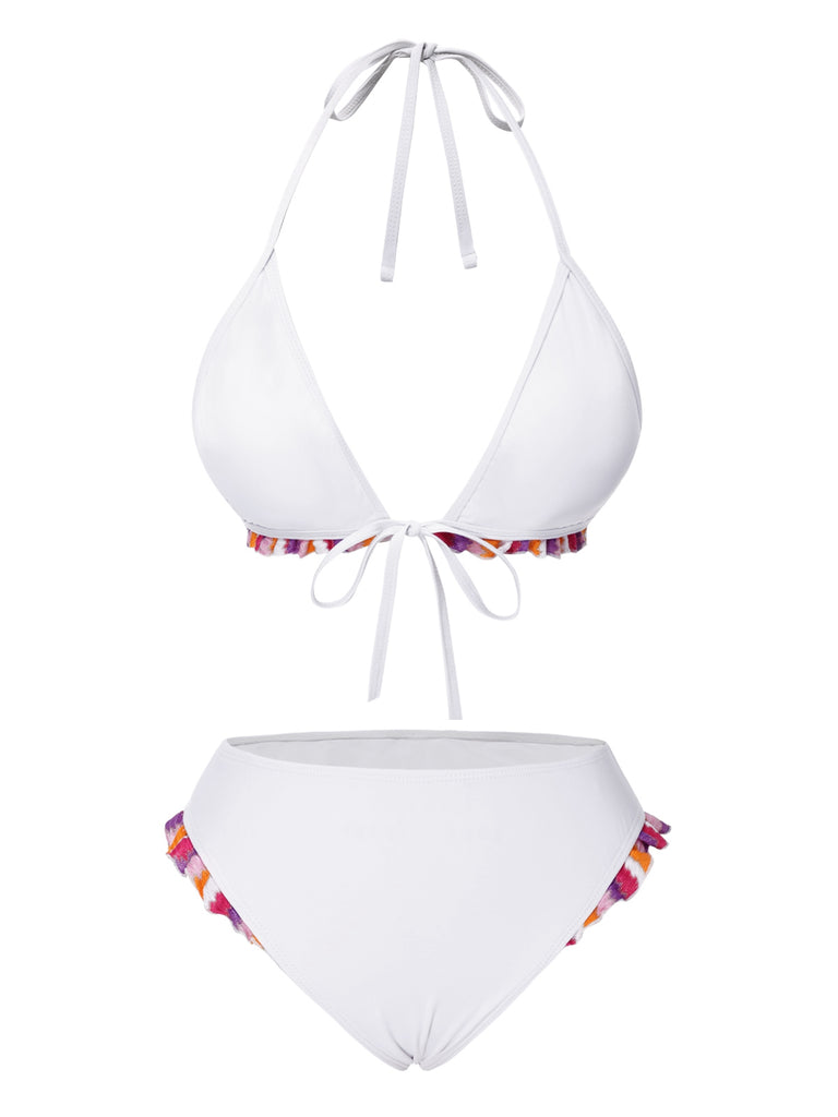 [Pre-Sale] 2PCS Multicolor 1960s Ruffle Halter Bikini & Skirt Cover-Up