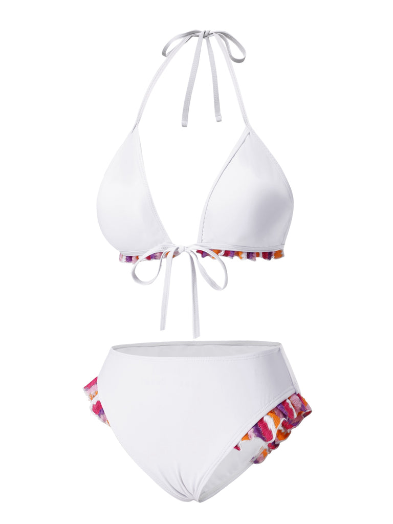 [Pre-Sale] 2PCS Multicolor 1960s Ruffle Halter Bikini & Skirt Cover-Up