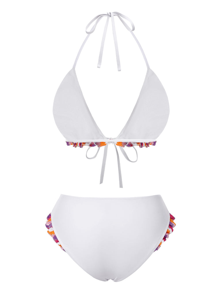 [Pre-Sale] 2PCS Multicolor 1960s Ruffle Halter Bikini & Skirt Cover-Up