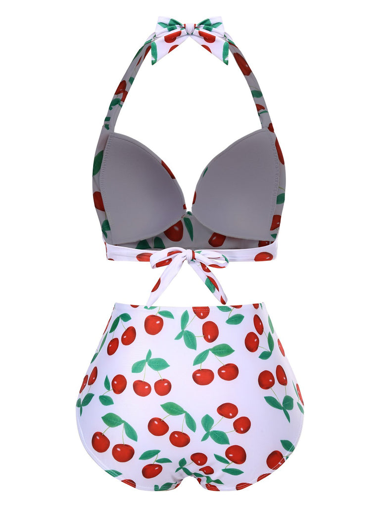 1930s Red Cherry Ruched Halter Bikini Set