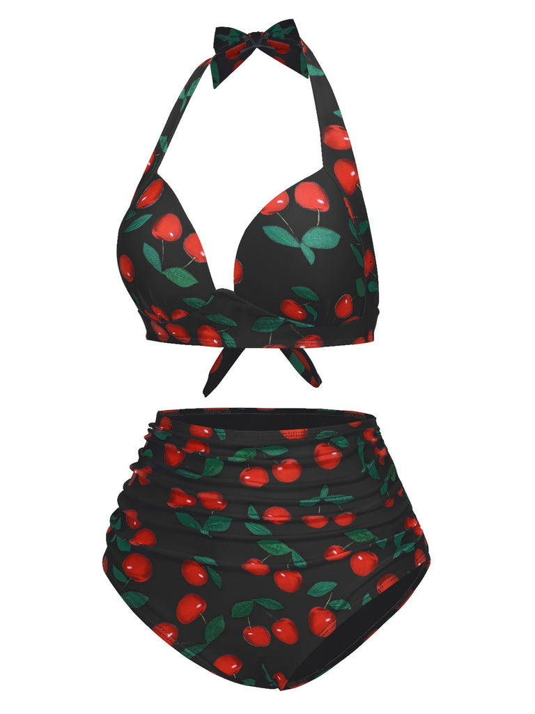 1930s Red Cherry Ruched Halter Bikini Set