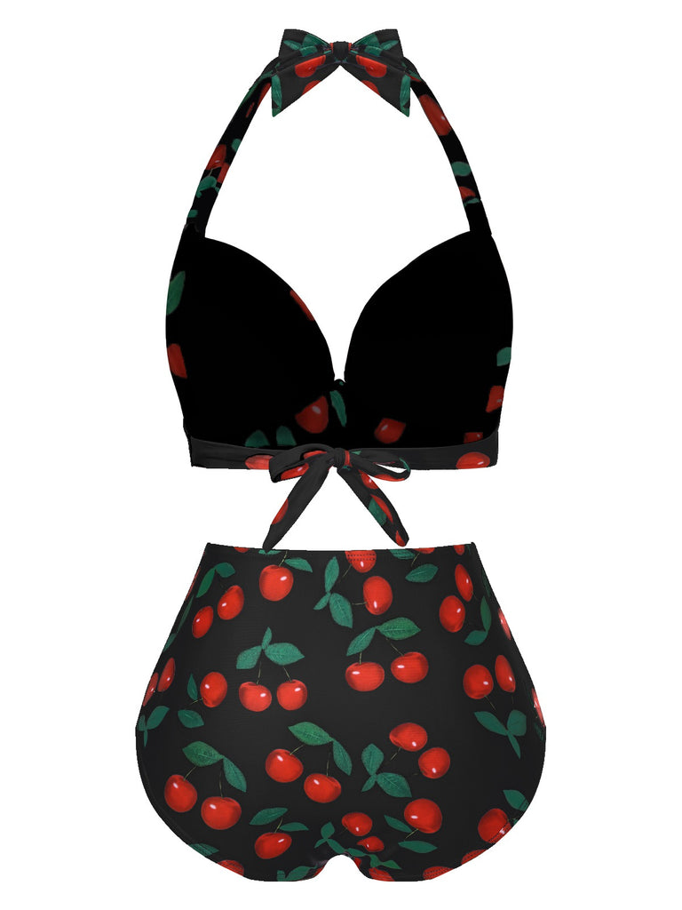 1930s Red Cherry Ruched Halter Bikini Set
