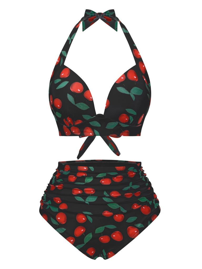 1930s Red Cherry Ruched Halter Bikini Set