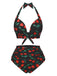 1930s Red Cherry Ruched Halter Bikini Set