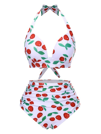 1930s Red Cherry Ruched Halter Bikini Set