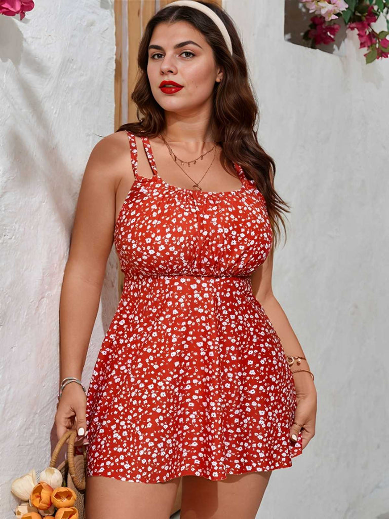 [Plus Size] Red 1960s Ditsy Floral Cross Straps Swimsuit