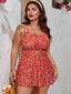 [Plus Size] Red 1960s Ditsy Floral Cross Straps Swimsuit