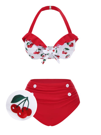 Red 1950s Halter Ruffle Cherry Bikini Set