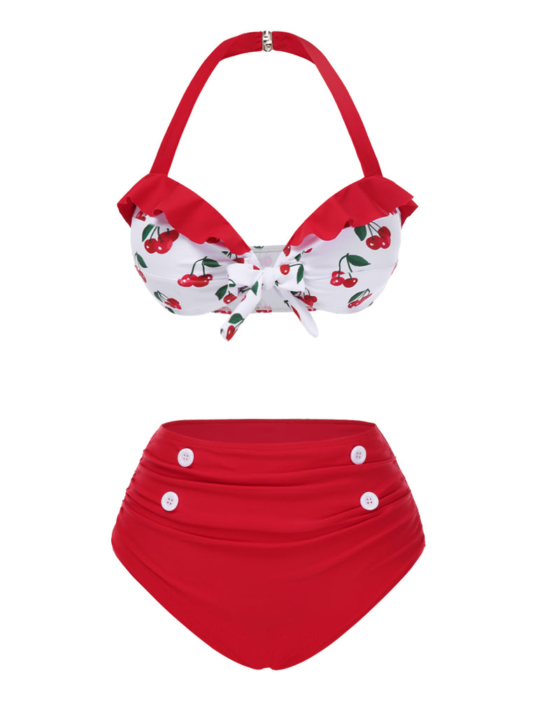 Red 1950s Halter Ruffle Cherry Bikini Set