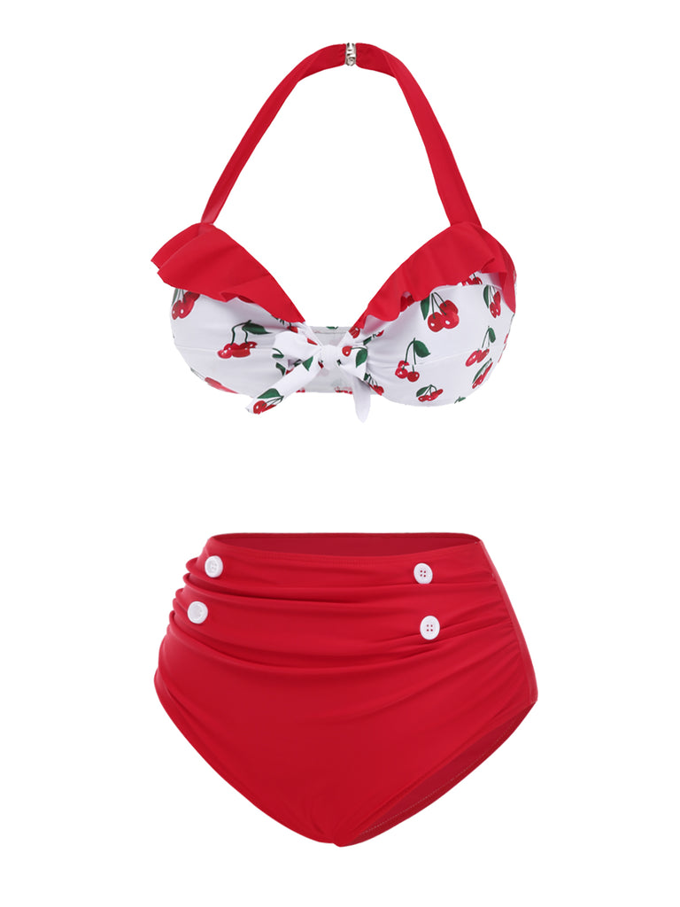 Red 1950s Halter Ruffle Cherry Bikini Set
