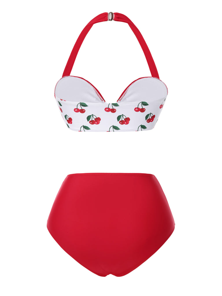 Red 1950s Halter Ruffle Cherry Bikini Set