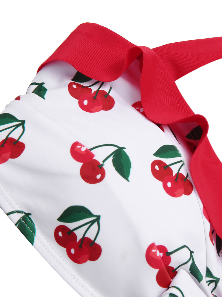 Red 1950s Halter Ruffle Cherry Bikini Set