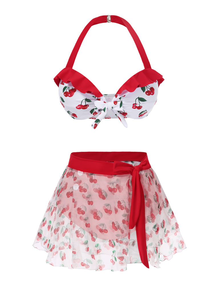 2PCS Red 1950s Cherry Bikini & Tie-Waist Cover up