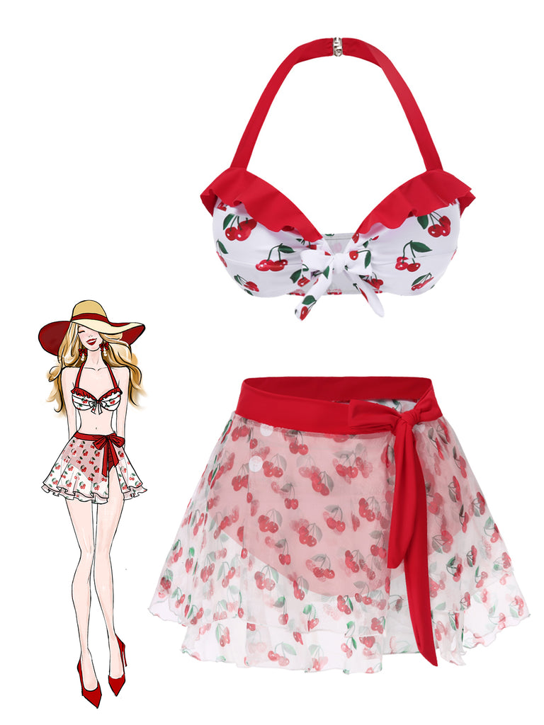 2PCS Red 1950s Cherry Bikini & Tie-Waist Cover up