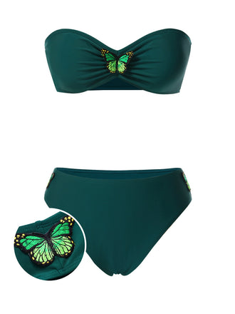 Green 1960s 3D Butterfly Bandeau Bikini Set
