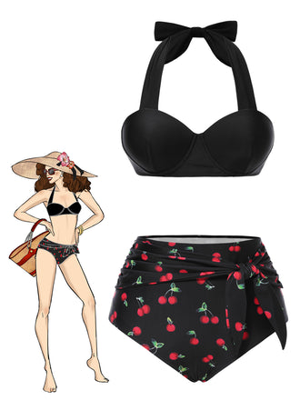 Black 1950s Halter Cherry Bikini Set