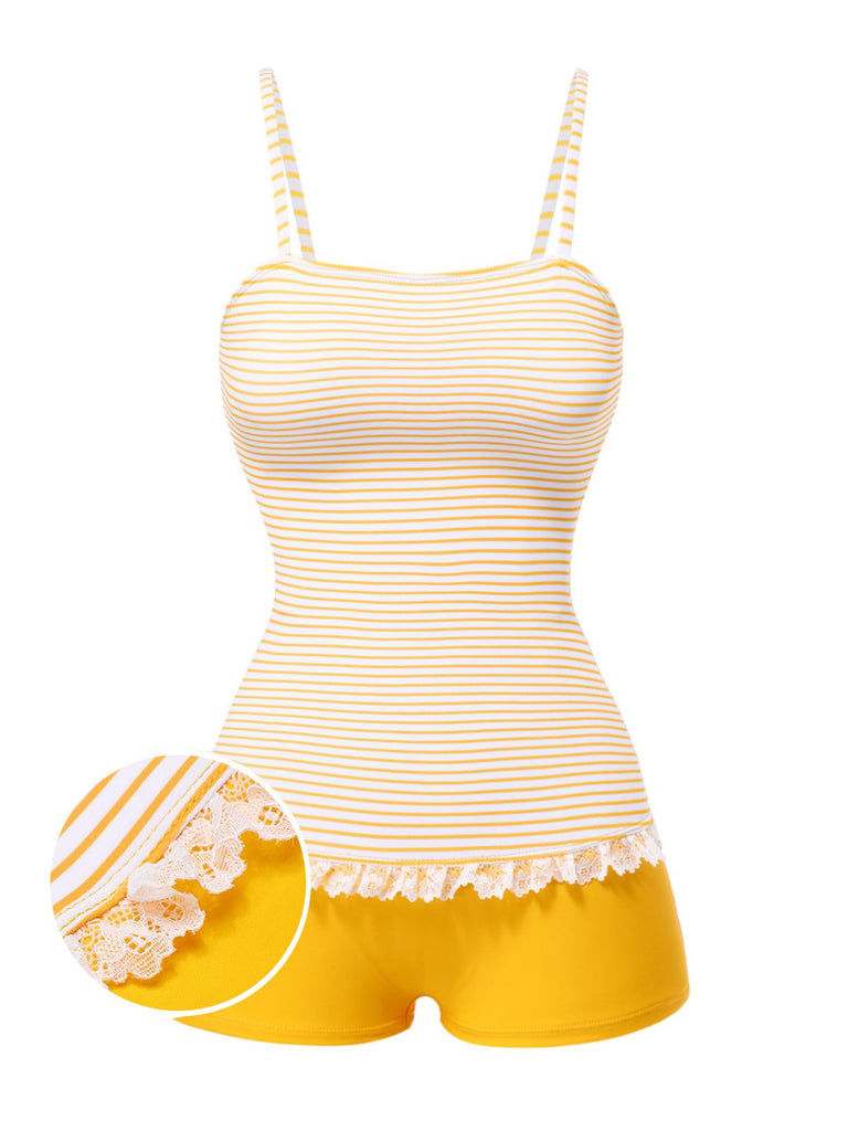[Pre-Sale] 1960s Strap Stripes Lace Trim One-Piece Swimsuit