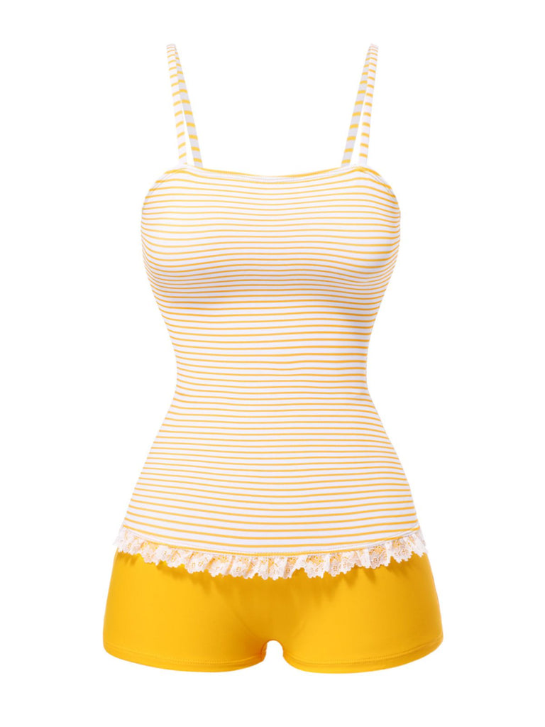 [Pre-Sale] 1960s Strap Stripes Lace Trim One-Piece Swimsuit