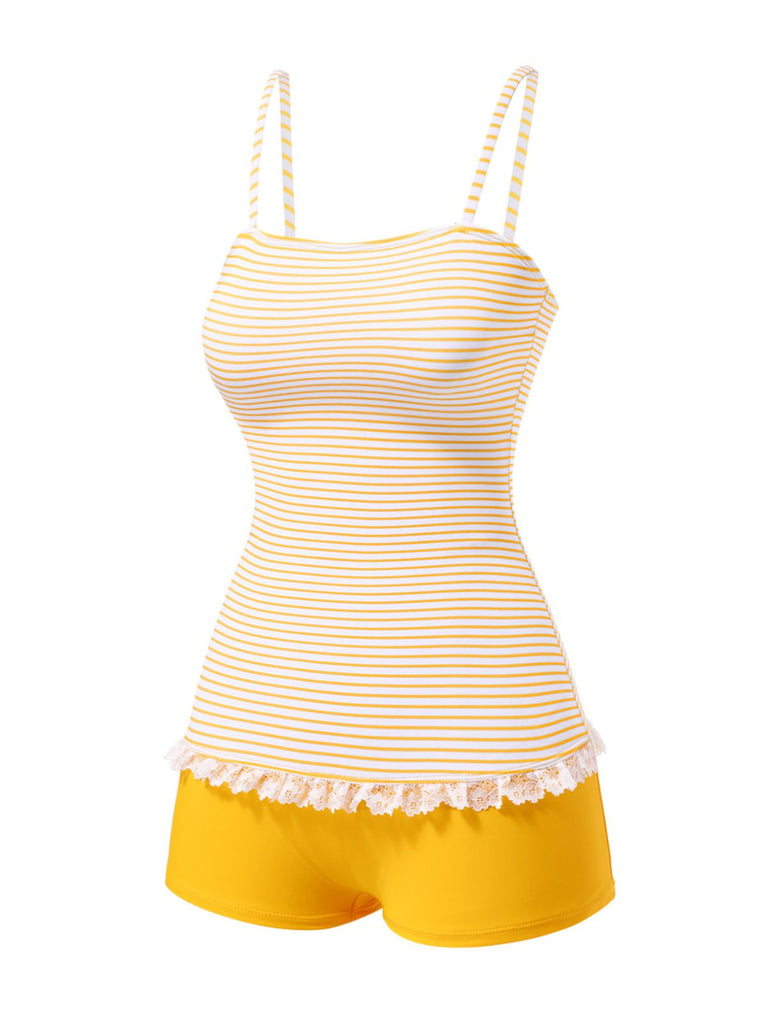 [Pre-Sale] 1960s Strap Stripes Lace Trim One-Piece Swimsuit