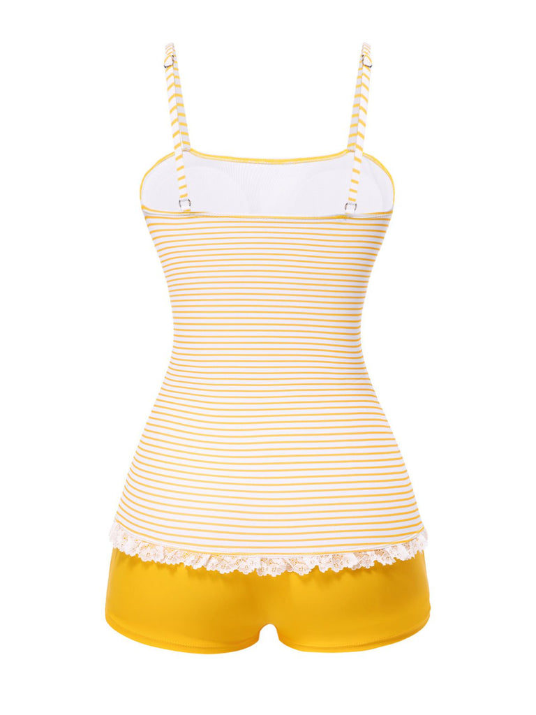 [Pre-Sale] 1960s Strap Stripes Lace Trim One-Piece Swimsuit