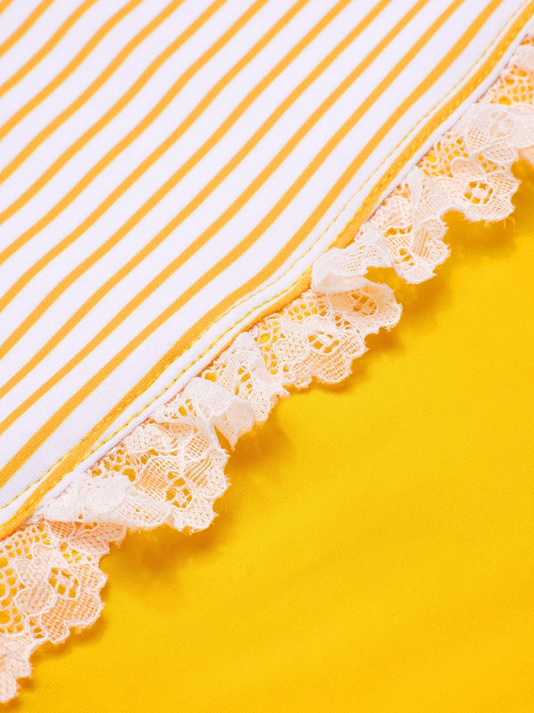 [Pre-Sale] 1960s Strap Stripes Lace Trim One-Piece Swimsuit