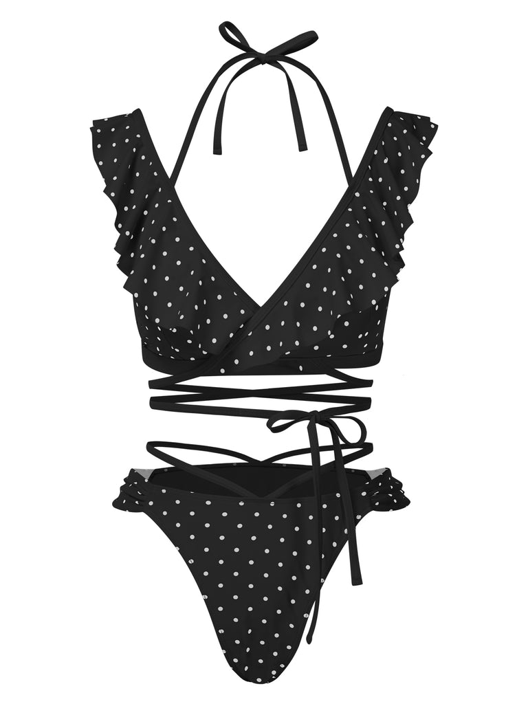 1970s Polka Dot Lace-Up Ruffled Bikini Set