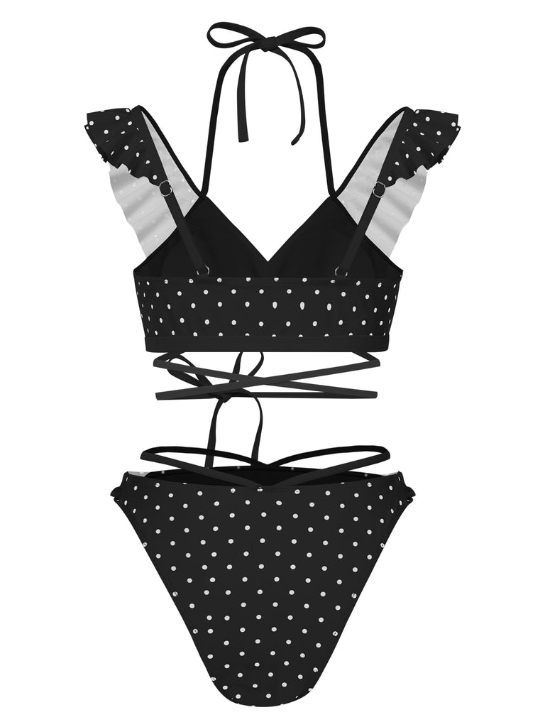 1970s Polka Dot Lace-Up Ruffled Bikini Set