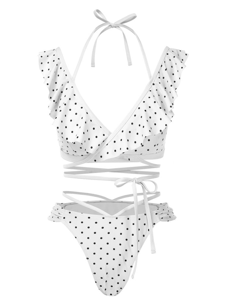 1970s Polka Dot Lace-Up Ruffled Bikini Set