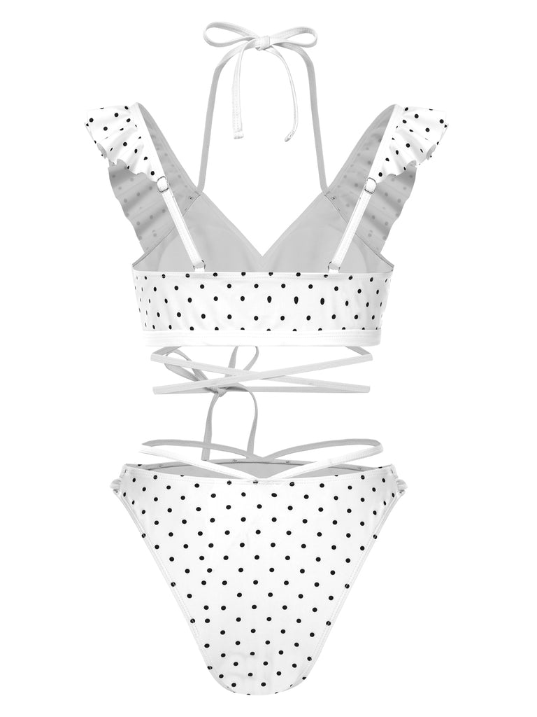 1970s Polka Dot Lace-Up Ruffled Bikini Set
