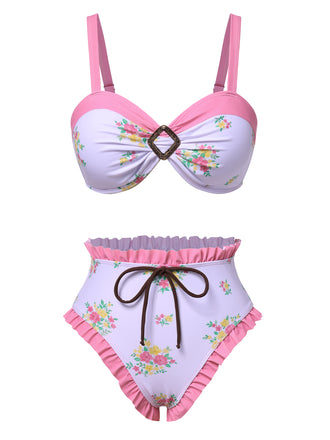 Pink 1950s Ruffled Hem Floral Bikini Set