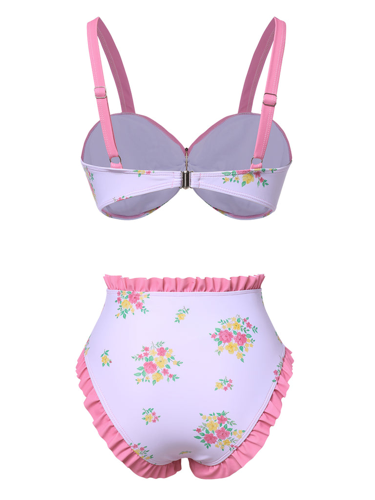 Pink 1950s Ruffled Hem Floral Bikini Set