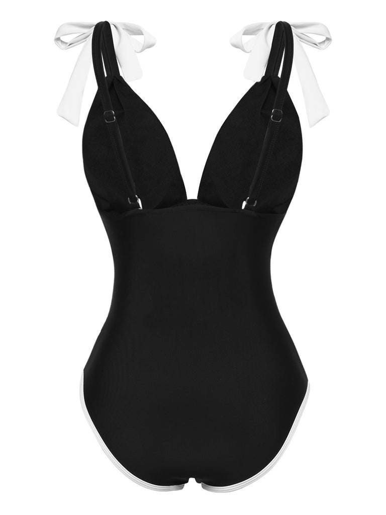 Black 1950s Solid Button Shoulder Lace-Up Swimsuit