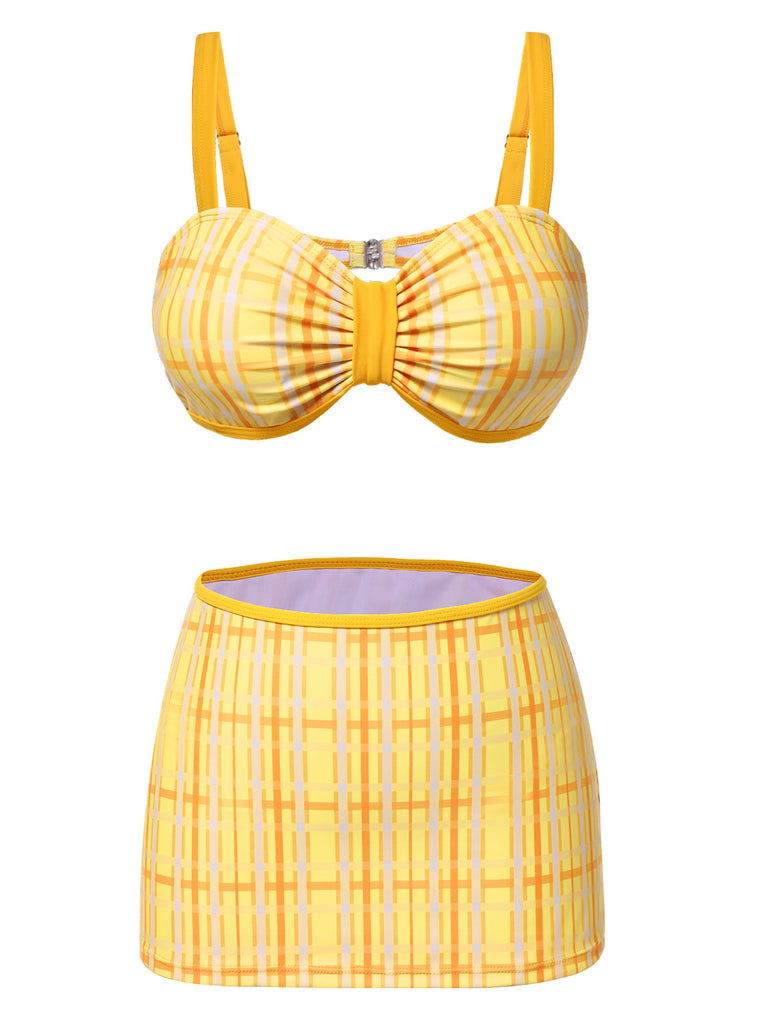 3PCS Yellow 1950s Plaid Bikini Set