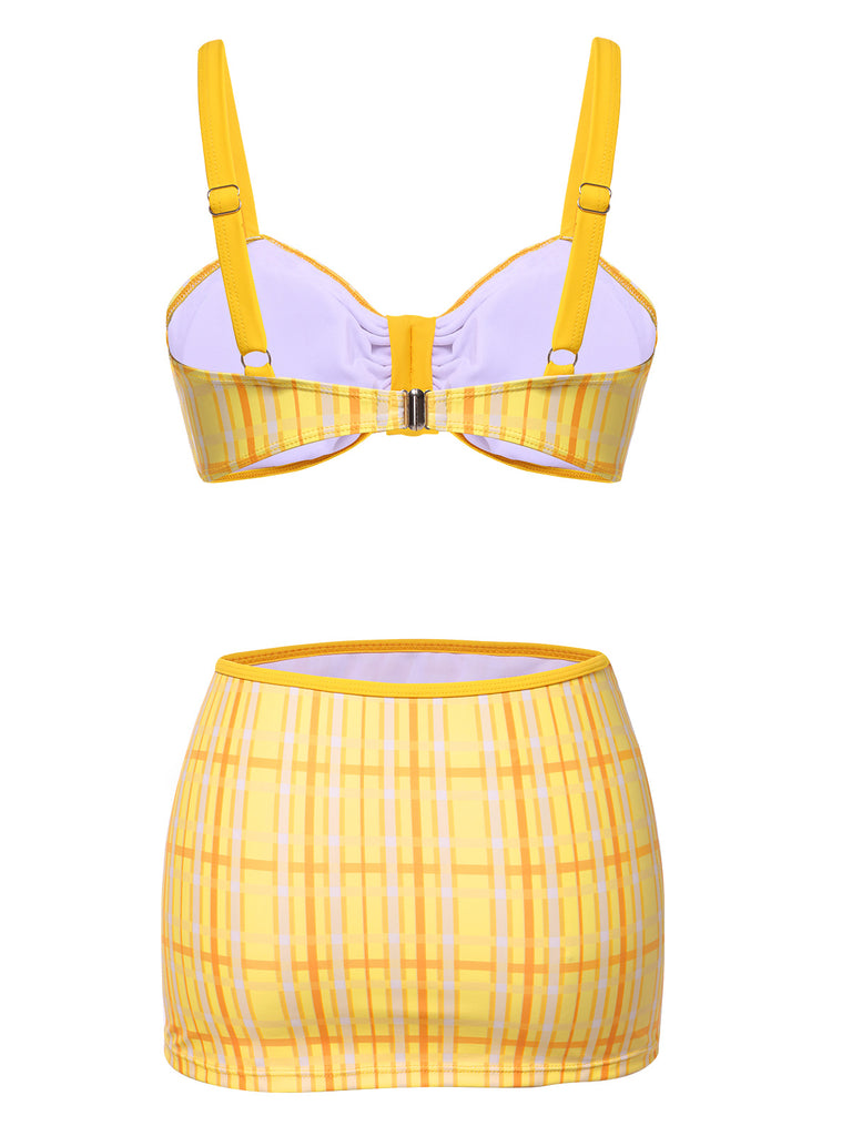 3PCS Yellow 1950s Plaid Bikini Set