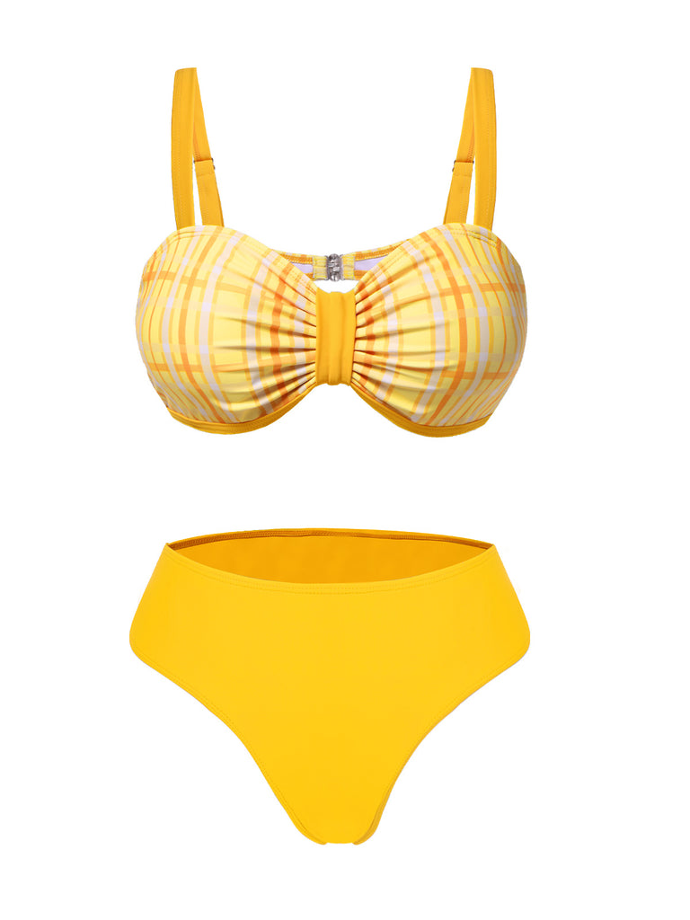 3PCS Yellow 1950s Plaid Bikini Set