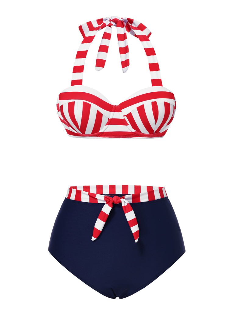 [Pre-Sale] Red & Blue 1940s Striped Bow Bikini Set