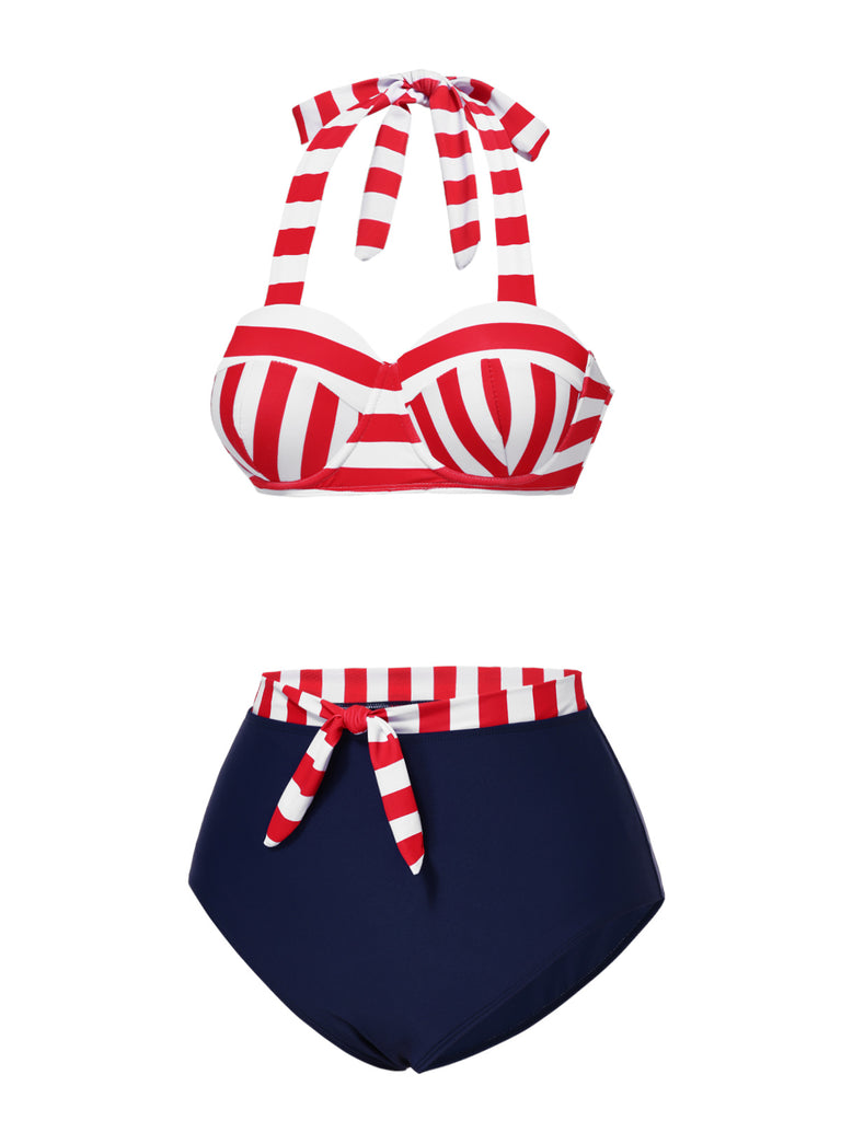 [Pre-Sale] Red & Blue 1940s Striped Bow Bikini Set