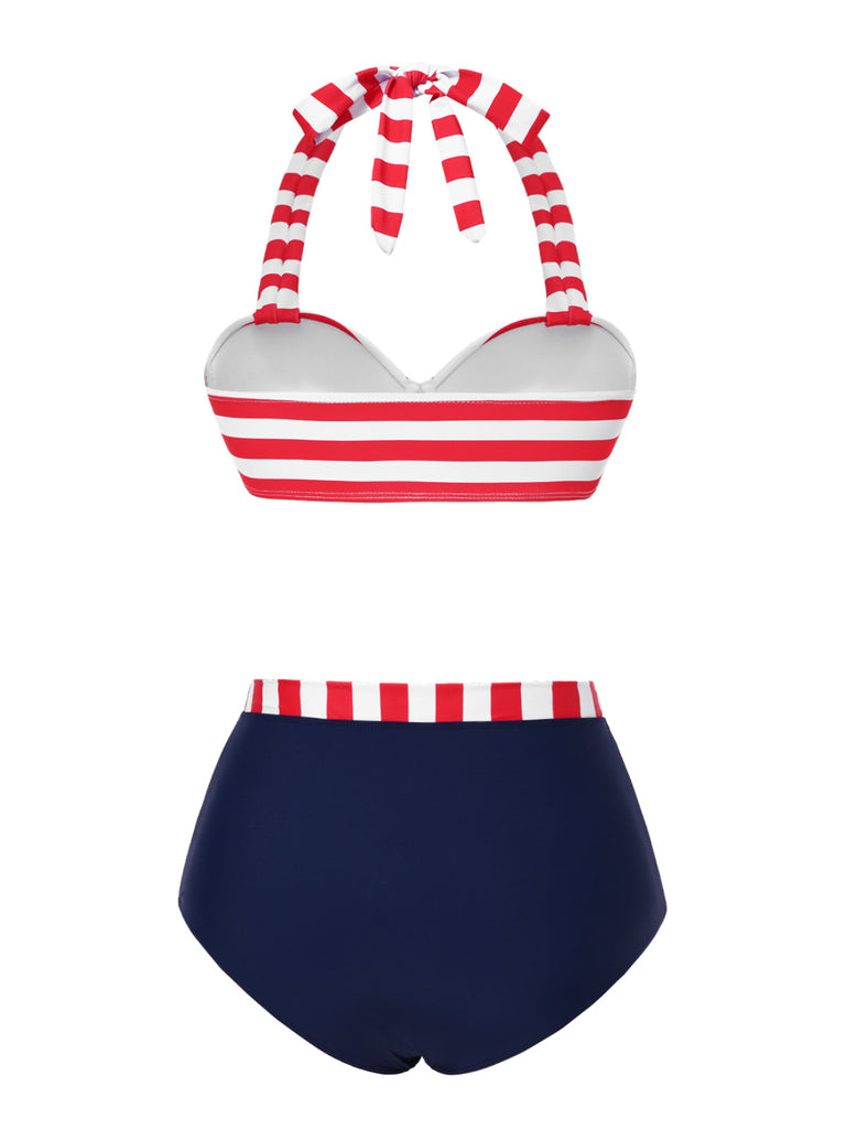 [Pre-Sale] Red & Blue 1940s Striped Bow Bikini Set