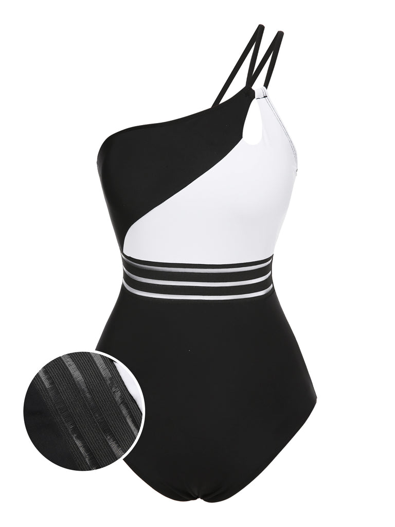 [Pre-Sale] Black 1960s One-Shoulder Colorblock Cut-Out Swimsuit