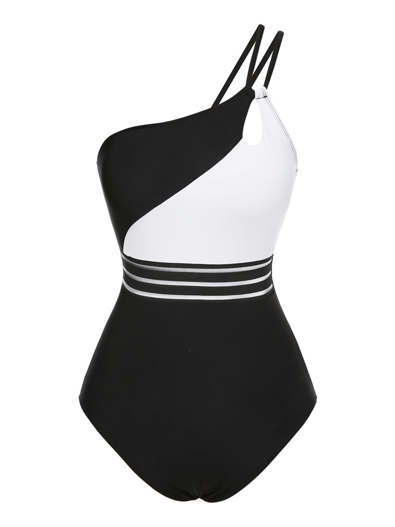 [Pre-Sale] Black 1960s One-Shoulder Colorblock Cut-Out Swimsuit