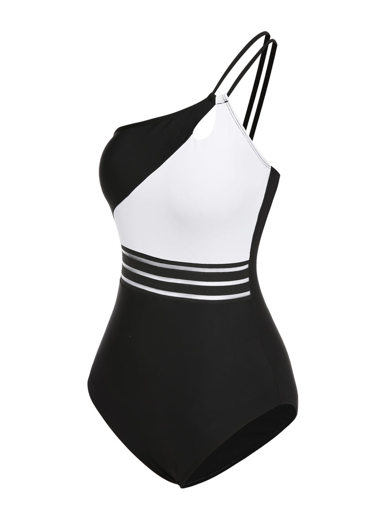 [Pre-Sale] Black 1960s One-Shoulder Colorblock Cut-Out Swimsuit