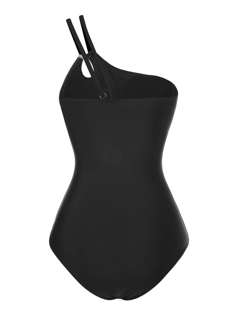 [Pre-Sale] Black 1960s One-Shoulder Colorblock Cut-Out Swimsuit