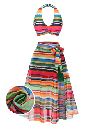 Multicolor 1970s Boho Stripes Swimsuit With Cover-Up