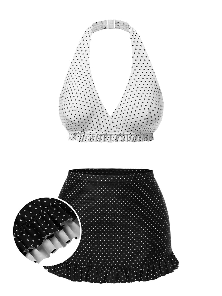[Pre-Sale] White & Black 1940s Polka Dot Ruffled Skirt Swimsuit