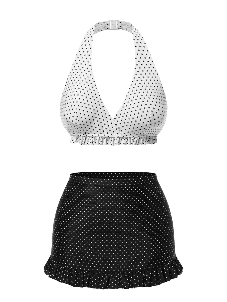 [Pre-Sale] White & Black 1940s Polka Dot Ruffled Skirt Swimsuit