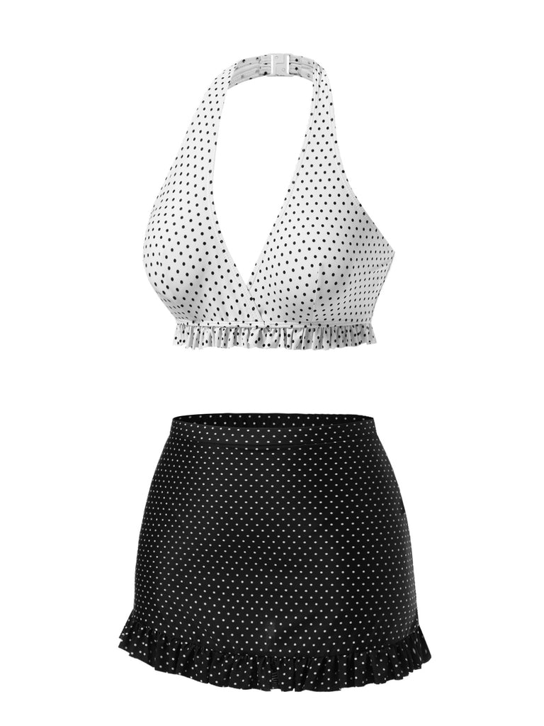 [Pre-Sale] White & Black 1940s Polka Dot Ruffled Skirt Swimsuit