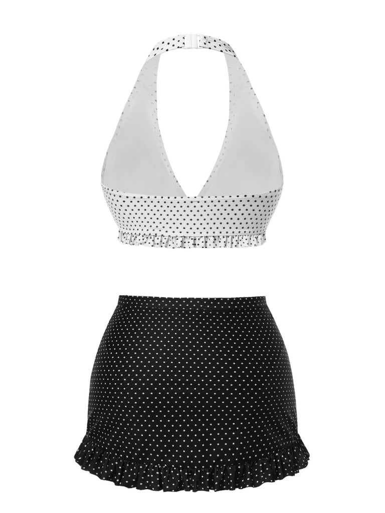 [Pre-Sale] White & Black 1940s Polka Dot Ruffled Skirt Swimsuit